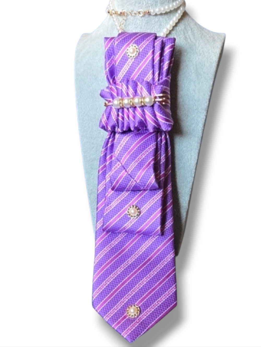 3/$60 Purple Striped Folded Cravat with Pearl Accent And Ruffle Detail